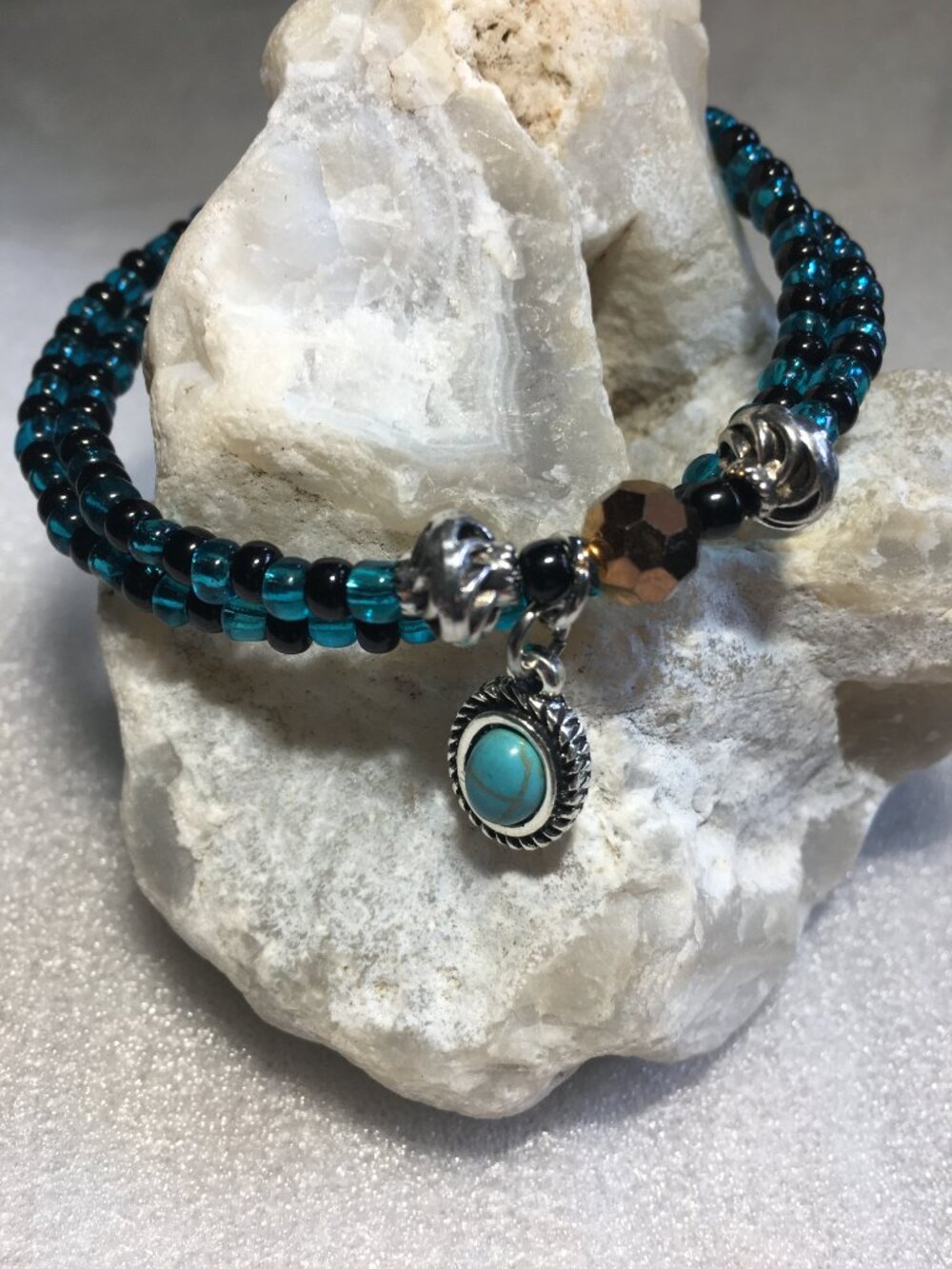 Handmade Turquoise & Black Beaded Wrap Memory Wire Bracelet